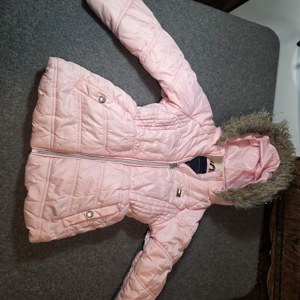 light pink Tommy Hilfiger Girls Puffer Jacket featuring a faux-fur trimmed K2